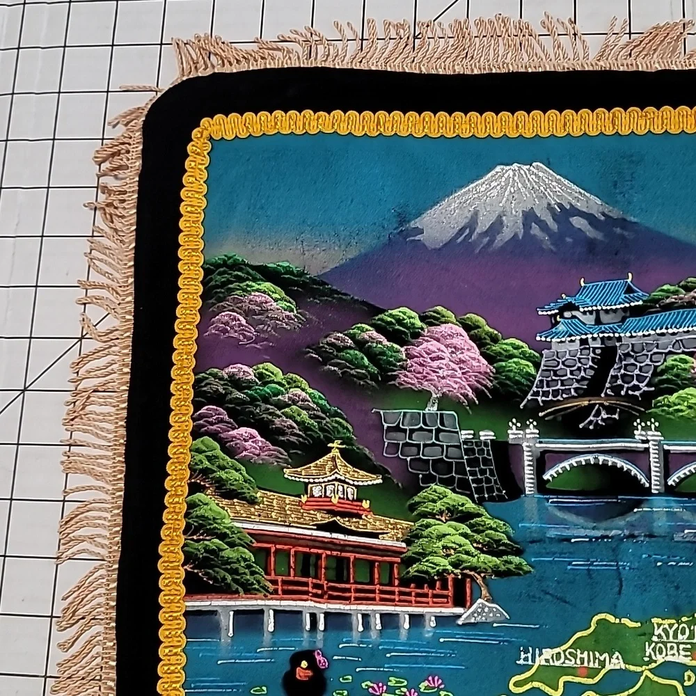 Vintage Asian Japanese Black‎ Velvet Hand Painted PILLOWCASE SHAM #2